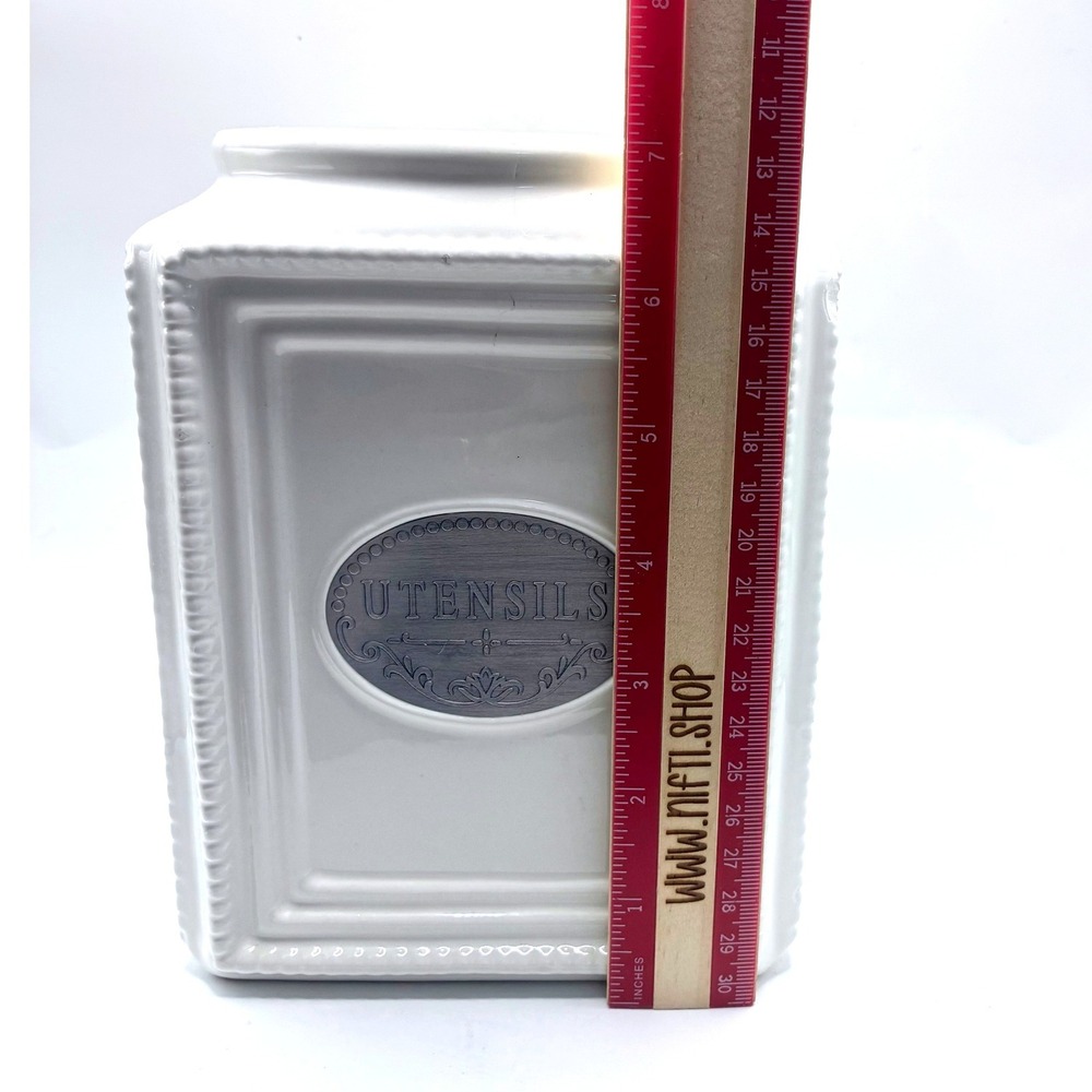 THL Ceramic Utensil Holder White Square Beaded Farmhouse Crock Silver Label - Picture 4 of 7